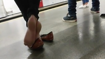 Candid Blonde Red Toenails Feet In Flats In Subway