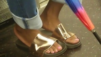 Candid Ebony Feet In Ugly Gold Shoes