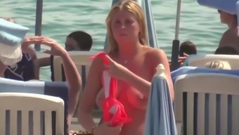 Topless Blonde Big Boobs On Public Beach