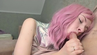 Girl With Purple Hair Slides On Bf'S Big Cock With Her Tongue