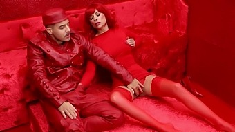 Redhead Chick Shalina Devine Enjoys Having Kinky Sex On A Red Sofa