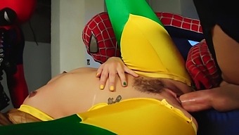 Allie Haze In A Clothed Threesome With Spiderman And Deadpool