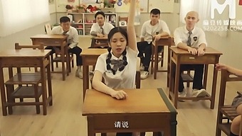 A Lustful Chinese Schoolgirl In An Outfit Are Messed Around With By Ravenous Guys During The Instruction.