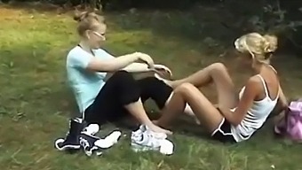Blonde Lesbians Indulge In Foot Fetish Outdoors