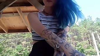 Amateur Blue-Haired Girl Flaunts Her Small Tits And Perfect Vagina In Public